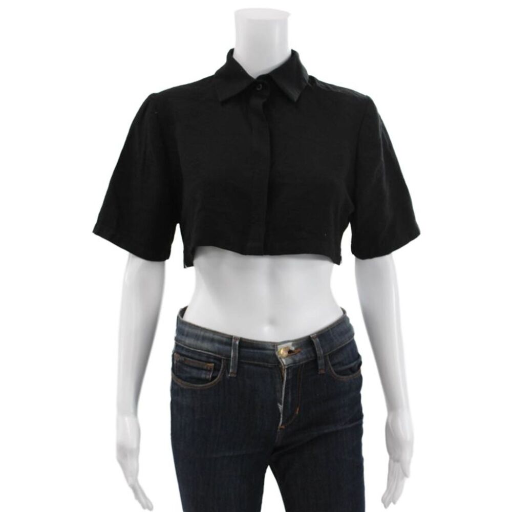 Nonchalant Label Womens Cropped Button Up Short Sleeve Black Top Size XS